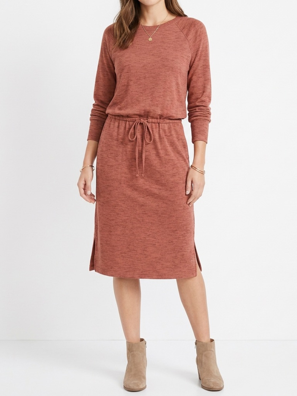 Prana Long Sleeve Drawstring Waist Knit Dress in Rust